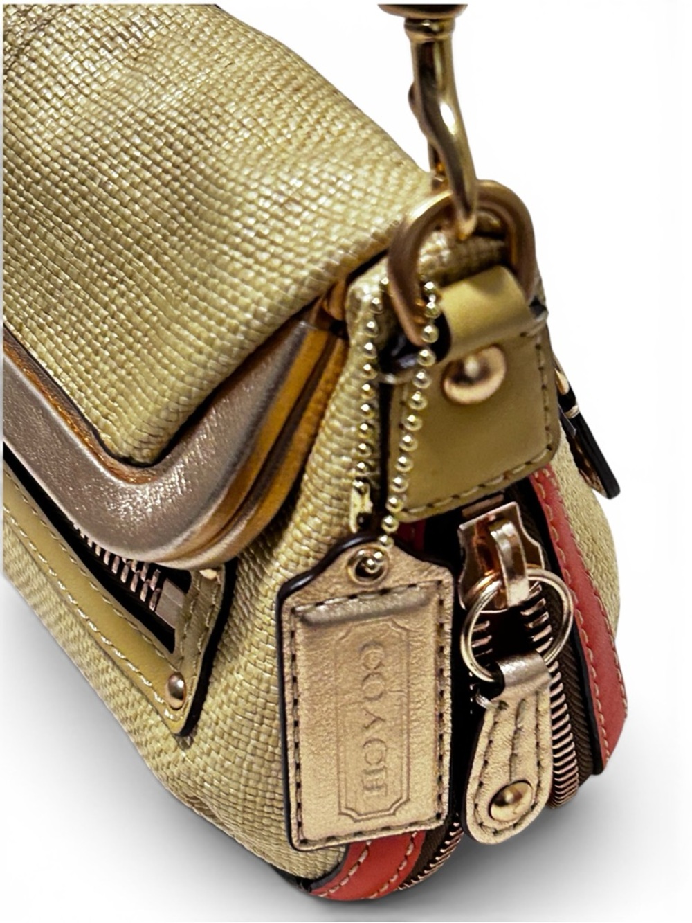 COACH Y2K  Bonnie Kiss Lock Frame Fold Over Straw w/Leather Trim  Demi Bag - Picture 3 of 12